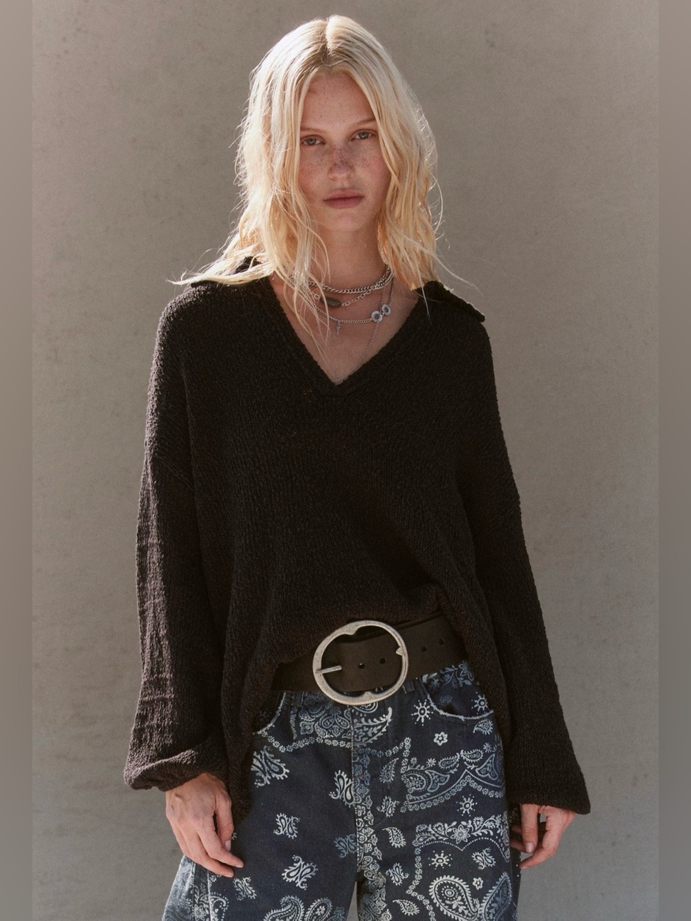 Free People Ren Sweater Pullover Black Oversized Collar V-neck